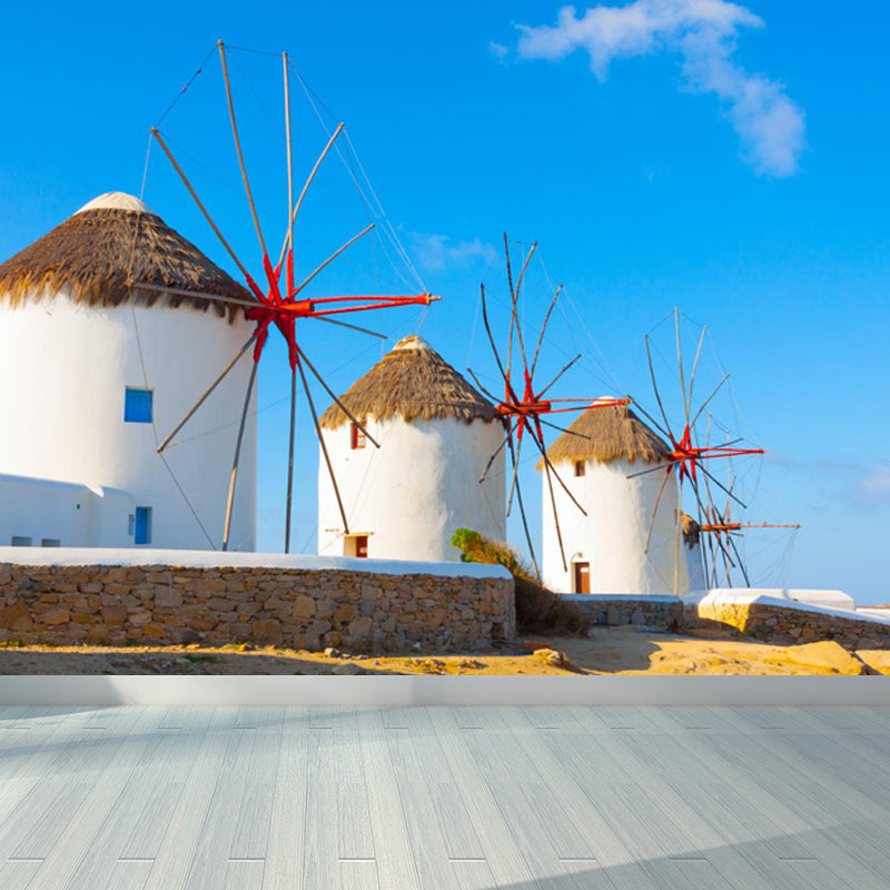 Huge Windmill Mural for Bathroom Nature Landscape Wall Art in Blue, Stain Resistant Clearhalo 'Wall Decor' 'Wall Mural' 1646839