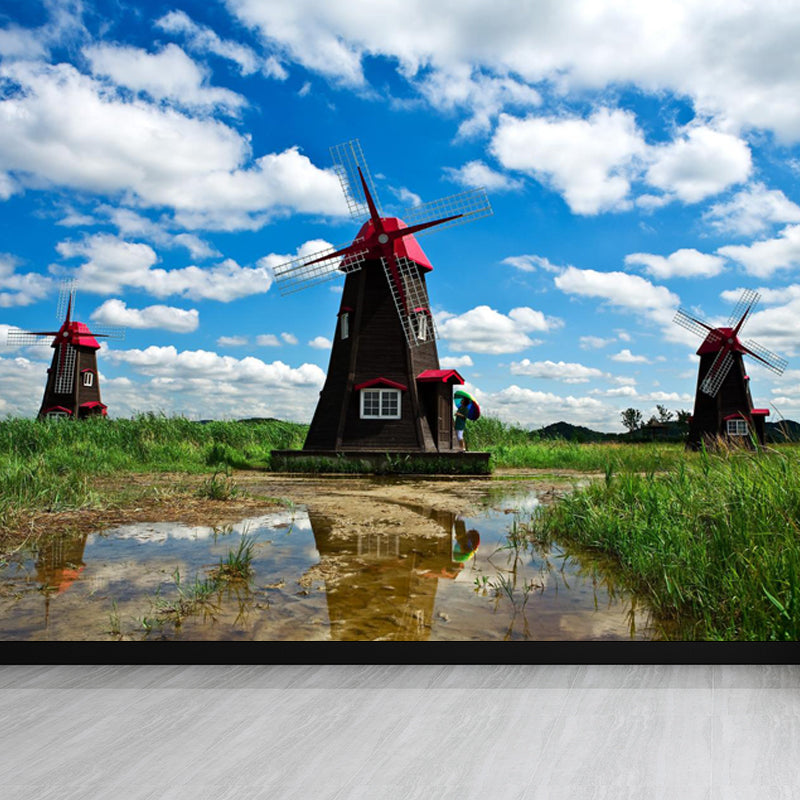 Huge Windmill Mural for Bathroom Nature Landscape Wall Art in Blue, Stain Resistant Clearhalo 'Wall Decor' 'Wall Mural' 1646844