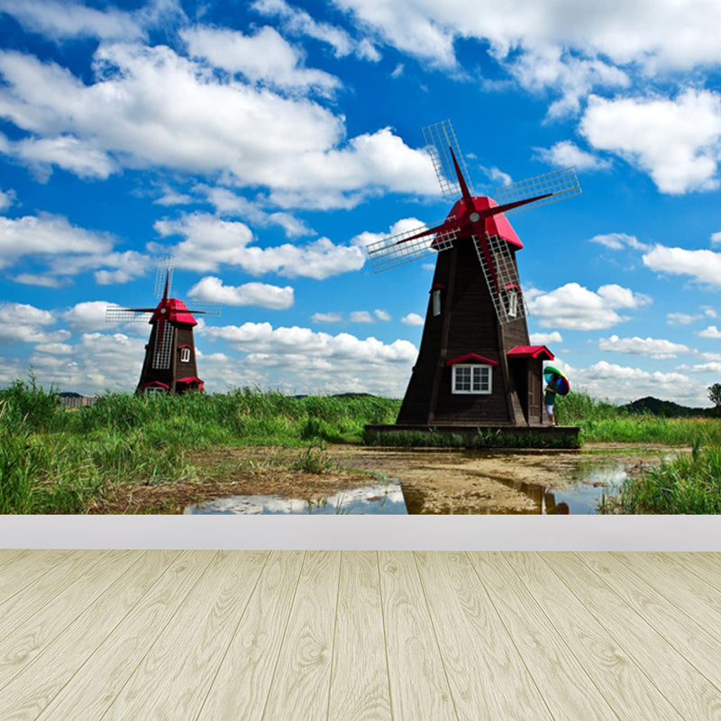 Huge Windmill Mural for Bathroom Nature Landscape Wall Art in Blue, Stain Resistant Clearhalo 'Wall Decor' 'Wall Mural' 1646845
