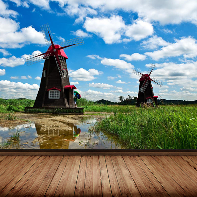 Huge Windmill Mural for Bathroom Nature Landscape Wall Art in Blue, Stain Resistant Clearhalo 'Wall Decor' 'Wall Mural' 1646846