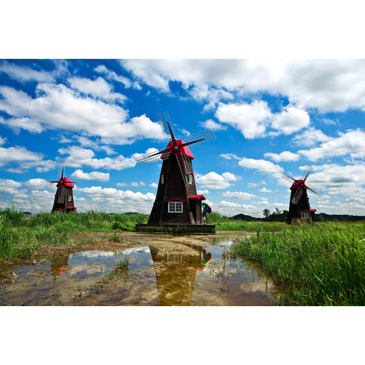 Huge Windmill Mural for Bathroom Nature Landscape Wall Art in Blue, Stain Resistant