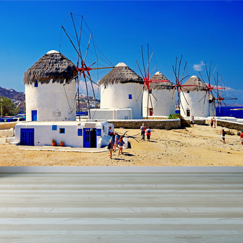 Huge Windmill Mural for Bathroom Nature Landscape Wall Art in Blue, Stain Resistant Clearhalo 'Wall Decor' 'Wall Mural' 1646849