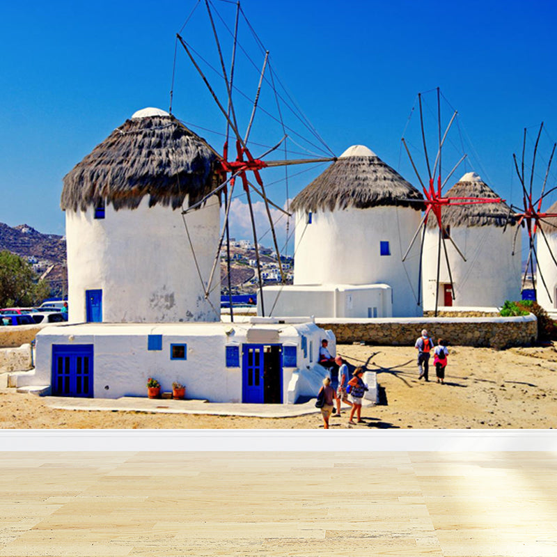 Huge Windmill Mural for Bathroom Nature Landscape Wall Art in Blue, Stain Resistant Clearhalo 'Wall Decor' 'Wall Mural' 1646850