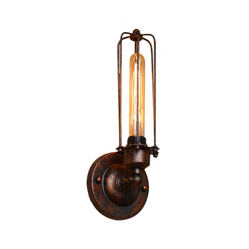1/2-Bulb Linear Cage Sconce Lamp Industrial Black/Rust Metal Wall Light Fixture for Living Room Clearhalo 'Art deco wall lights' 'Cast Iron' 'Glass' 'Industrial wall lights' 'Industrial' 'Middle century wall lights' 'Modern' 'Rustic wall lights' 'Tiffany' 'Traditional wall lights' 'Wall Lamps & Sconces' 'Wall Lights' Lighting' 164686