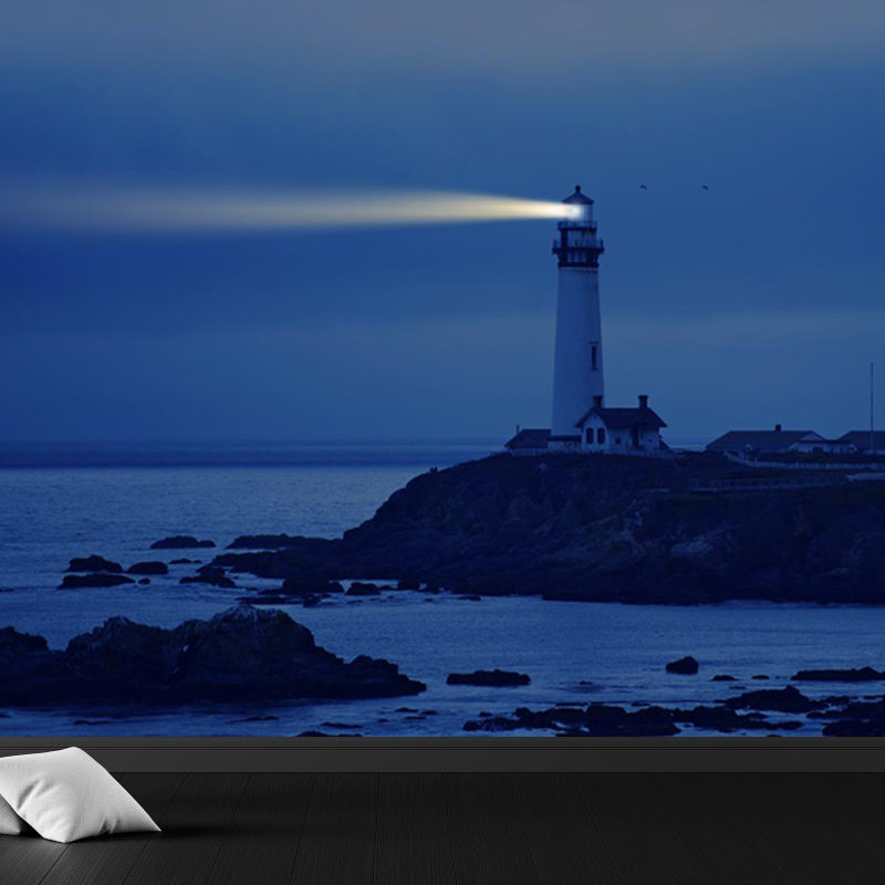 Blue Beacon Scene Mural Wallpaper for Decoration Coastal Living Room Wall Covering Clearhalo 'Wall Decor' 'Wall Mural' 1646860