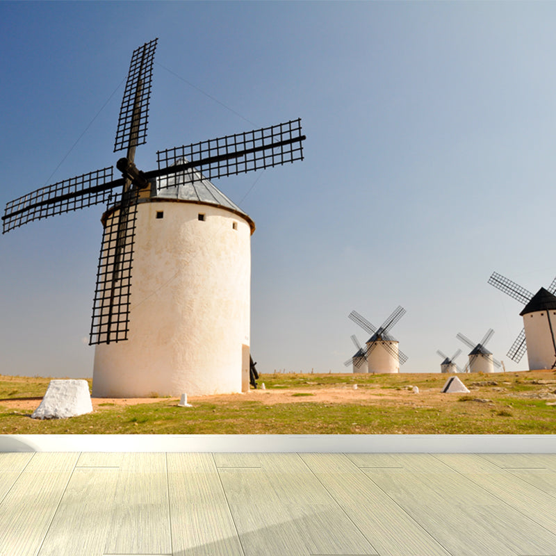 Romantic Windmill Scene Mural Decal for Girls Bedroom, Blue, Custom Size Available Blue Design 1 Clearhalo 'Wall Decor' 'Wall Mural' 1646869