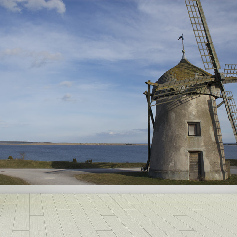 Romantic Windmill Scene Mural Decal for Girls Bedroom, Blue, Custom Size Available Blue Design 4 Clearhalo 'Wall Decor' 'Wall Mural' 1646879