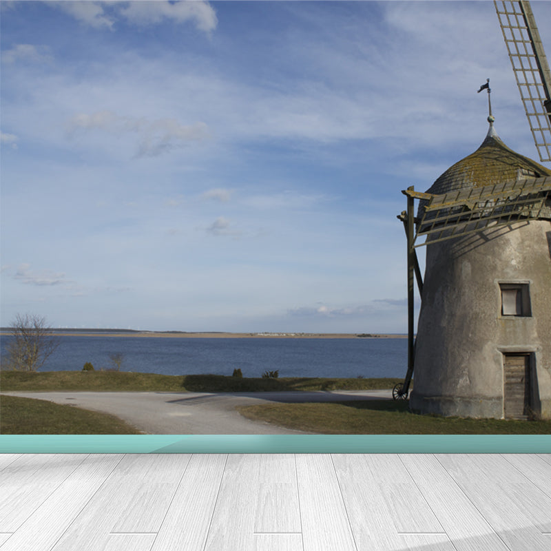 Romantic Windmill Scene Mural Decal for Girls Bedroom, Blue, Custom Size Available Clearhalo 'Wall Decor' 'Wall Mural' 1646880