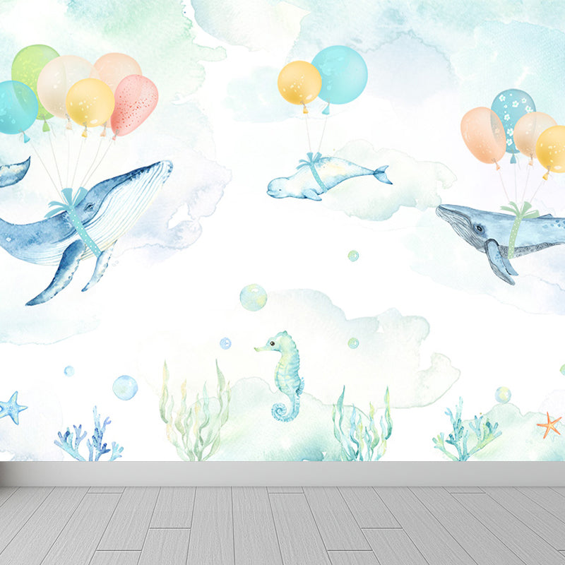 Extra Large Whale Mural Soft Color Non-Woven Wall Art for Kids Bedroom, Personalised Light Blue Clearhalo 'Wall Decor' 'Wall Mural' 1646884