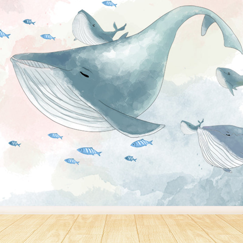 Extra Large Whale Mural Soft Color Non-Woven Wall Art for Kids Bedroom, Personalised Clearhalo 'Wall Decor' 'Wall Mural' 1646890