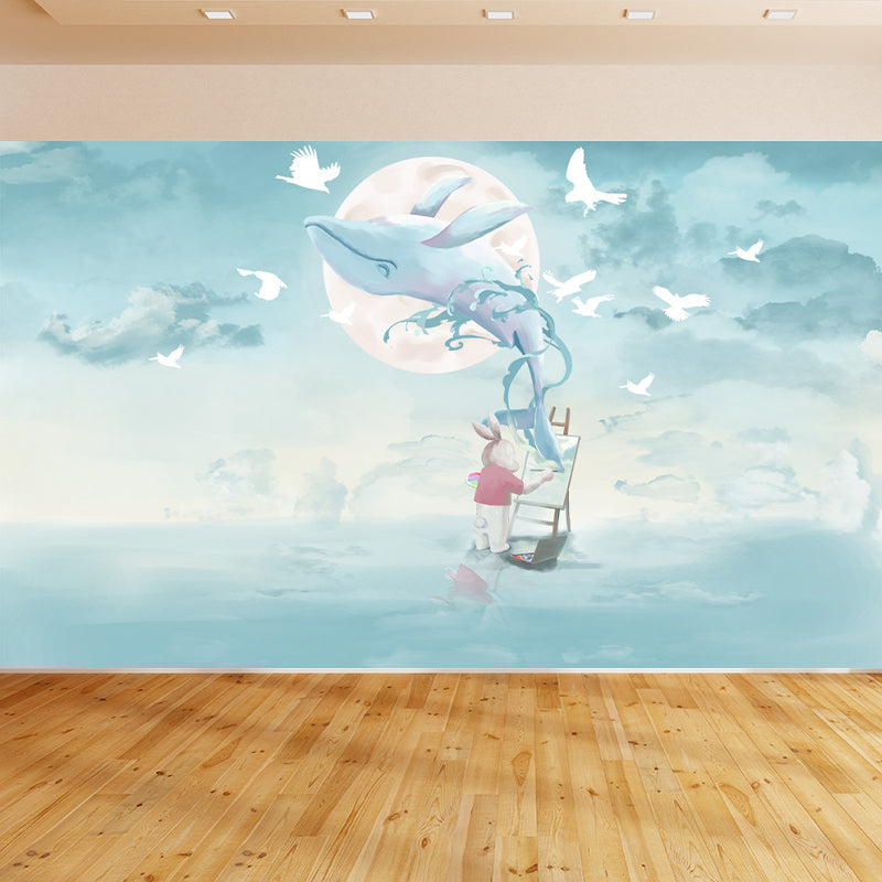 Extra Large Whale Mural Soft Color Non-Woven Wall Art for Kids Bedroom, Personalised Lake Blue Clearhalo 'Wall Decor' 'Wall Mural' 1646894