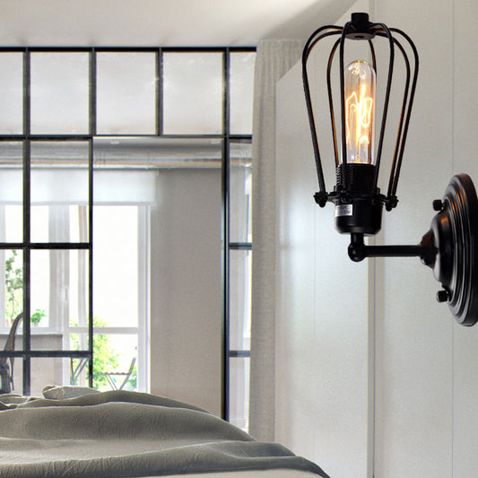 1 Light Mini Wall Light Sconce with Wire Frame Industrial Black Iron Wall Mount Lamp for Corridor Clearhalo 'Art deco wall lights' 'Cast Iron' 'Glass' 'Industrial wall lights' 'Industrial' 'Middle century wall lights' 'Modern' 'Rustic wall lights' 'Tiffany' 'Traditional wall lights' 'Wall Lamps & Sconces' 'Wall Lights' Lighting' 164695