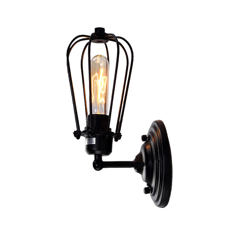 1 Light Mini Wall Light Sconce with Wire Frame Industrial Black Iron Wall Mount Lamp for Corridor Clearhalo 'Art deco wall lights' 'Cast Iron' 'Glass' 'Industrial wall lights' 'Industrial' 'Middle century wall lights' 'Modern' 'Rustic wall lights' 'Tiffany' 'Traditional wall lights' 'Wall Lamps & Sconces' 'Wall Lights' Lighting' 164696