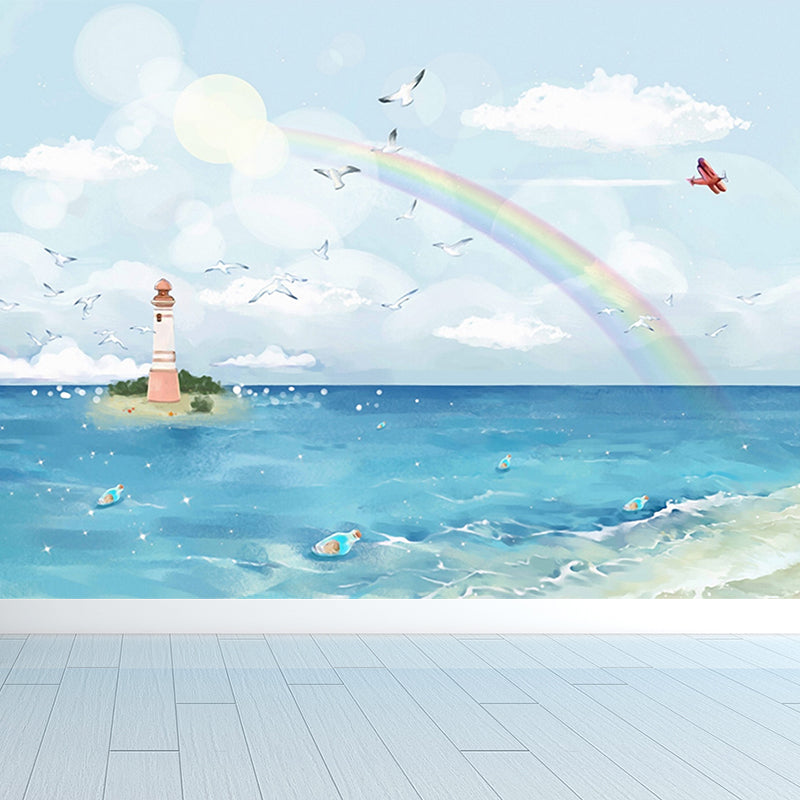 Blue Seaside Landscape Mural Decal Ocean Children's Art Stain Resistant Wall Covering Blue Design 1 Clearhalo 'Wall Decor' 'Wall Mural' 1647059