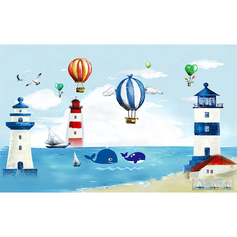 Blue Seaside Landscape Mural Decal Ocean Children's Art Stain Resistant Wall Covering Clearhalo 'Wall Decor' 'Wall Mural' 1647067