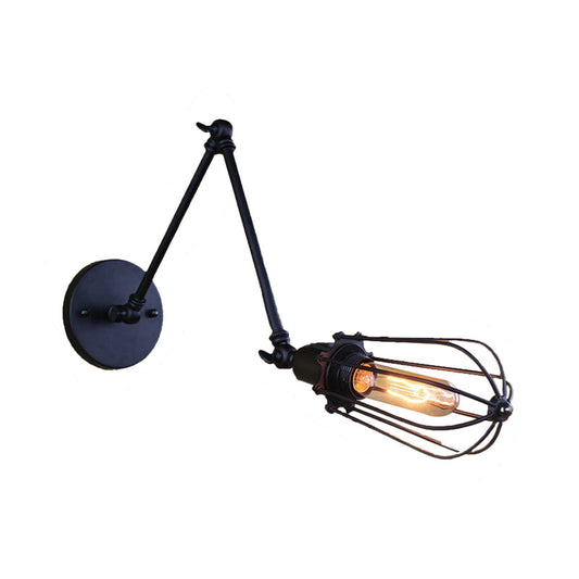 1 Light Arm Adjustable Wall Lighting with Cage Shade Loft Style Black/Brass/Aged Brass Wall Mount Light over Table Clearhalo 'Art deco wall lights' 'Cast Iron' 'Glass' 'Industrial wall lights' 'Industrial' 'Middle century wall lights' 'Modern' 'Rustic wall lights' 'Tiffany' 'Traditional wall lights' 'Wall Lamps & Sconces' 'Wall Lights' Lighting' 164715