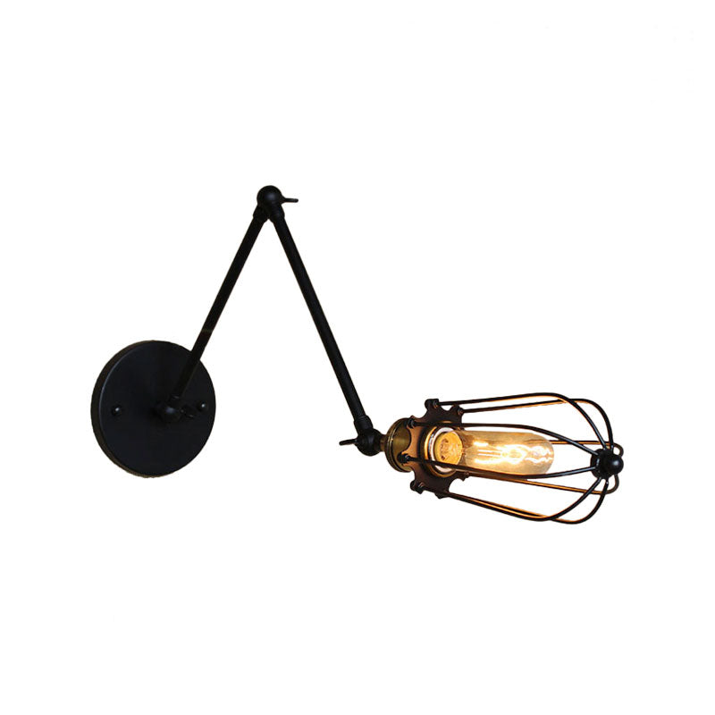 1 Light Arm Adjustable Wall Lighting with Cage Shade Loft Style Black/Brass/Aged Brass Wall Mount Light over Table Clearhalo 'Art deco wall lights' 'Cast Iron' 'Glass' 'Industrial wall lights' 'Industrial' 'Middle century wall lights' 'Modern' 'Rustic wall lights' 'Tiffany' 'Traditional wall lights' 'Wall Lamps & Sconces' 'Wall Lights' Lighting' 164718