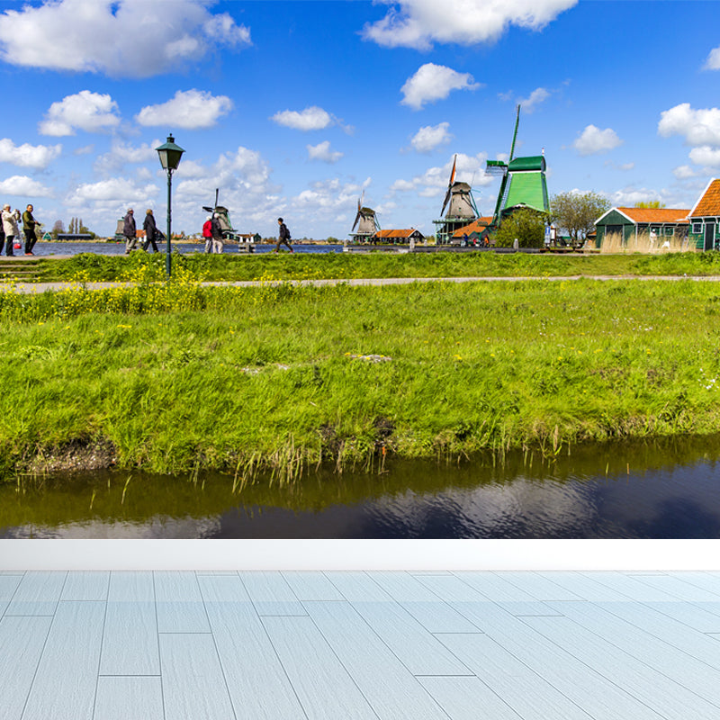 Relaxing Windmill and Cloud Mural Decal for Living Room, Blue, Custom Size Available Blue Design 1 Clearhalo 'Wall Decor' 'Wall Mural' 1647194