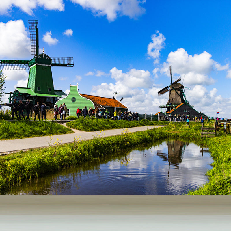 Relaxing Windmill and Cloud Mural Decal for Living Room, Blue, Custom Size Available Blue Design 2 Clearhalo 'Wall Decor' 'Wall Mural' 1647199