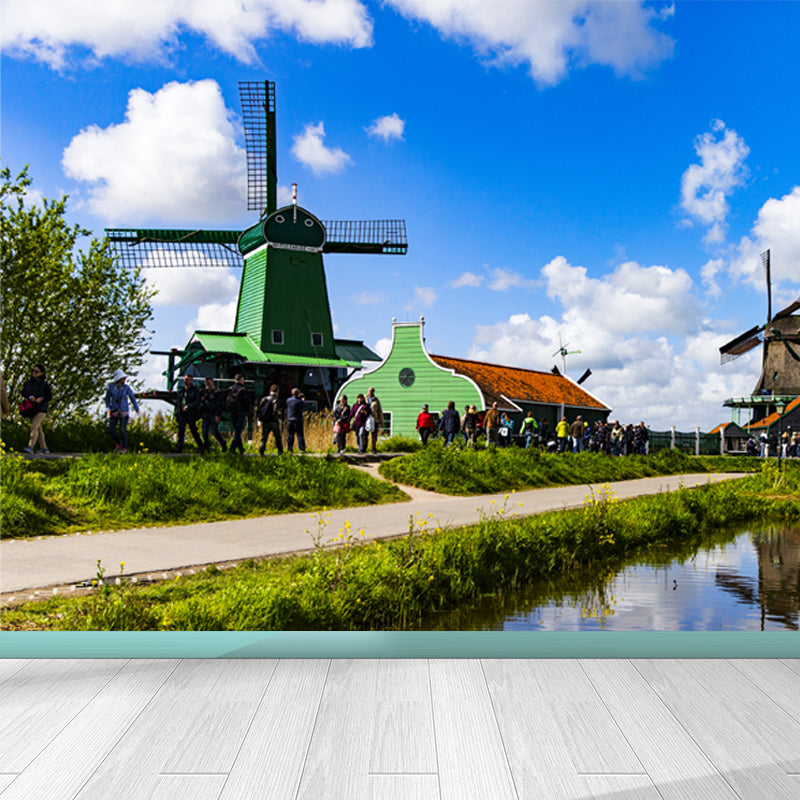 Relaxing Windmill and Cloud Mural Decal for Living Room, Blue, Custom Size Available Clearhalo 'Wall Decor' 'Wall Mural' 1647200