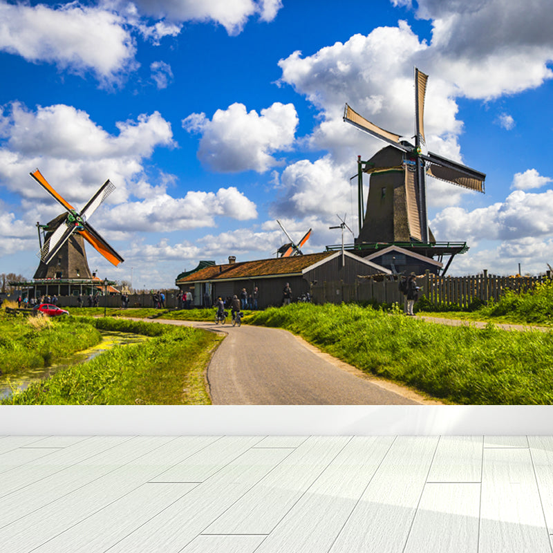 Relaxing Windmill and Cloud Mural Decal for Living Room, Blue, Custom Size Available Blue Design 3 Clearhalo 'Wall Decor' 'Wall Mural' 1647204