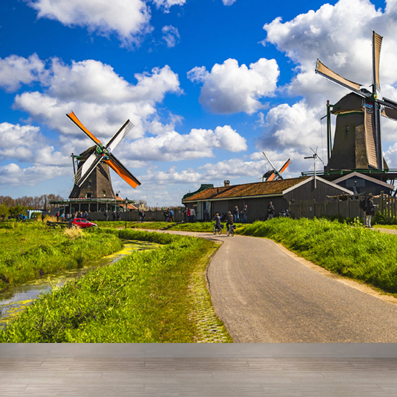 Relaxing Windmill and Cloud Mural Decal for Living Room, Blue, Custom Size Available Clearhalo 'Wall Decor' 'Wall Mural' 1647205