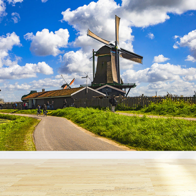 Relaxing Windmill and Cloud Mural Decal for Living Room, Blue, Custom Size Available Clearhalo 'Wall Decor' 'Wall Mural' 1647206