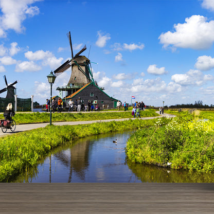 Relaxing Windmill and Cloud Mural Decal for Living Room, Blue, Custom Size Available Blue Design 4 Clearhalo 'Wall Decor' 'Wall Mural' 1647209