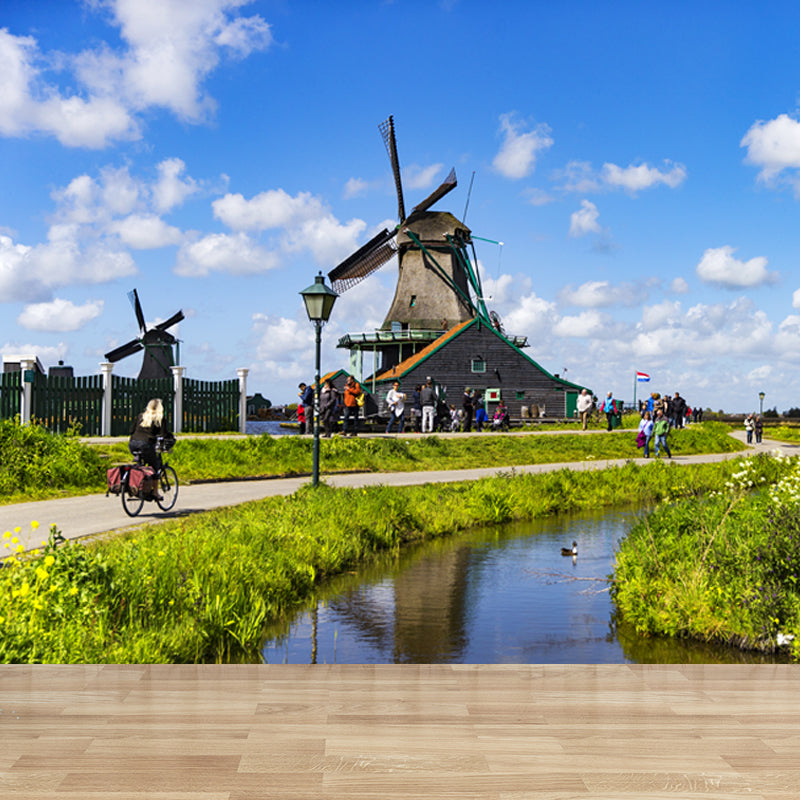 Relaxing Windmill and Cloud Mural Decal for Living Room, Blue, Custom Size Available Clearhalo 'Wall Decor' 'Wall Mural' 1647210