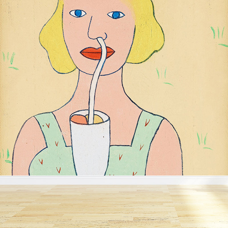 Figure Mural Wallpaper Pastel Color Contemporary Art Wall Covering for Living Room Yellow Clearhalo 'Wall Decor' 'Wall Mural' 1647214