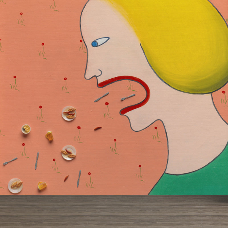 Figure Mural Wallpaper Pastel Color Contemporary Art Wall Covering for Living Room Orange Clearhalo 'Wall Decor' 'Wall Mural' 1647219