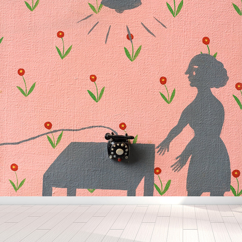 Figure Mural Wallpaper Pastel Color Contemporary Art Wall Covering for Living Room Pink Clearhalo 'Wall Decor' 'Wall Mural' 1647224