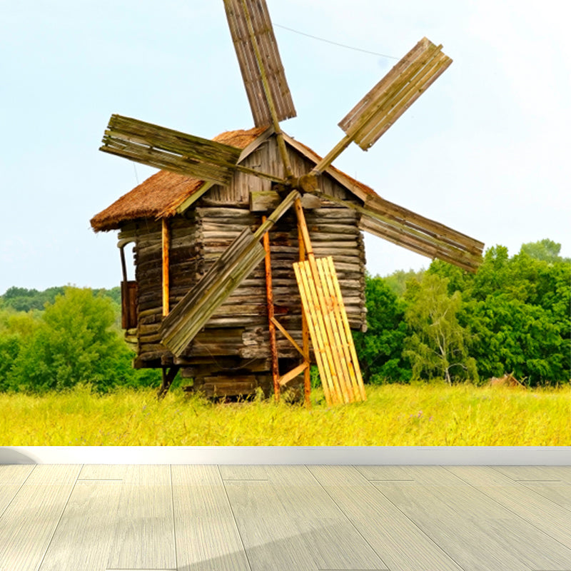 Huge Autumn Windmill Mural for Bedroom Landscape Wall Art in Soft Color, Stain Resistant Light Yellow Clearhalo 'Wall Decor' 'Wall Mural' 1647294