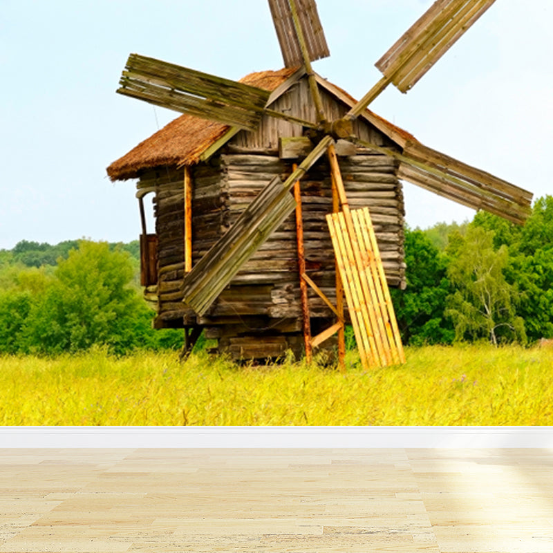 Huge Autumn Windmill Mural for Bedroom Landscape Wall Art in Soft Color, Stain Resistant Clearhalo 'Wall Decor' 'Wall Mural' 1647295