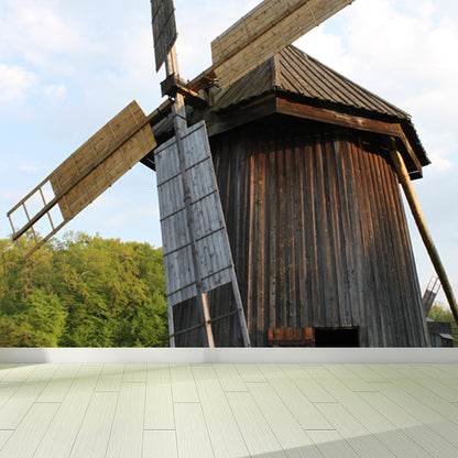 Huge Autumn Windmill Mural for Bedroom Landscape Wall Art in Soft Color, Stain Resistant Grey Clearhalo 'Wall Decor' 'Wall Mural' 1647299