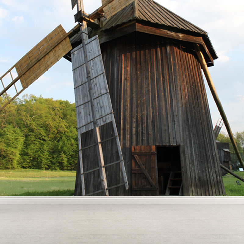 Huge Autumn Windmill Mural for Bedroom Landscape Wall Art in Soft Color, Stain Resistant Clearhalo 'Wall Decor' 'Wall Mural' 1647301