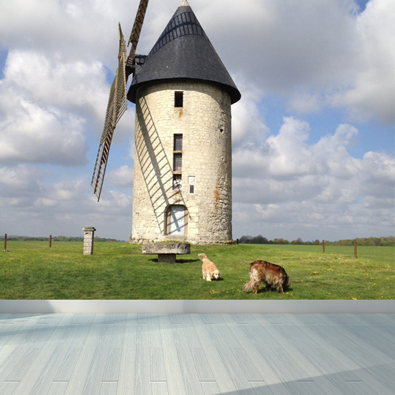 Huge Autumn Windmill Mural for Bedroom Landscape Wall Art in Soft Color, Stain Resistant White Clearhalo 'Wall Decor' 'Wall Mural' 1647304