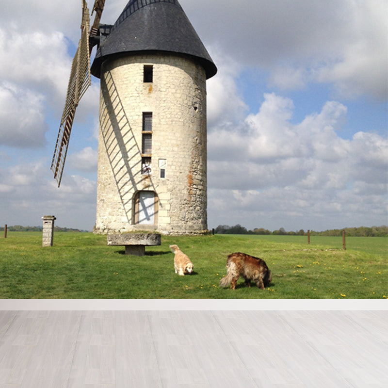 Huge Autumn Windmill Mural for Bedroom Landscape Wall Art in Soft Color, Stain Resistant Clearhalo 'Wall Decor' 'Wall Mural' 1647306