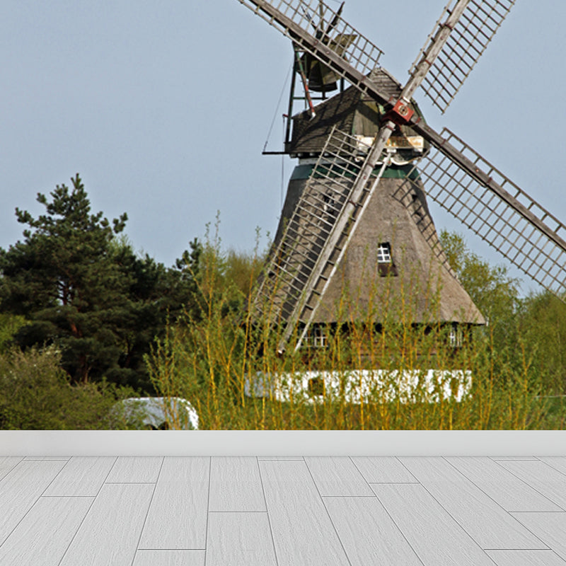Huge Autumn Windmill Mural for Bedroom Landscape Wall Art in Soft Color, Stain Resistant Clearhalo 'Wall Decor' 'Wall Mural' 1647311