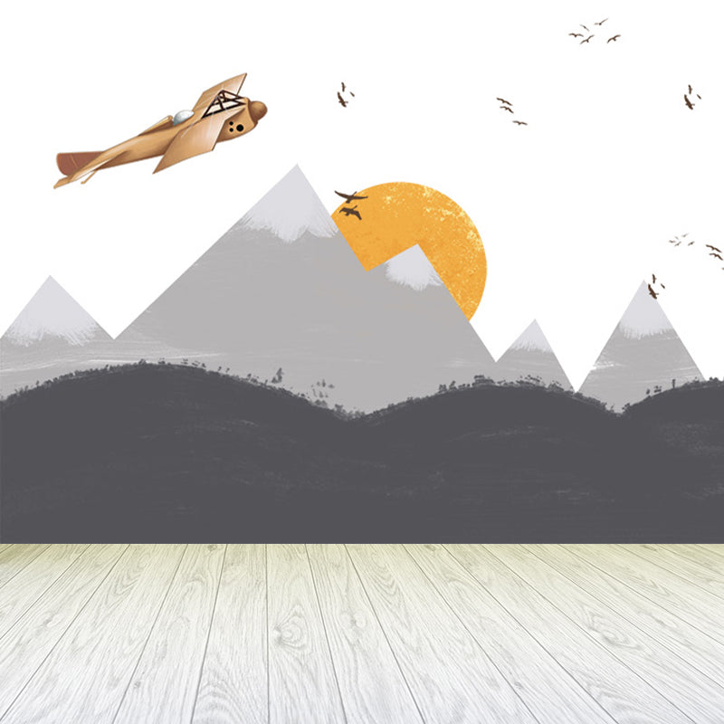 Gray Sun and Hills Mural Wallpaper for Decoration Children's Art Kids Room Wall Covering Grey Design 1 Clearhalo 'Wall Decor' 'Wall Mural' 1647314