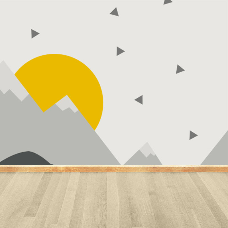 Gray Sun and Hills Mural Wallpaper for Decoration Children's Art Kids Room Wall Covering Clearhalo 'Wall Decor' 'Wall Mural' 1647320