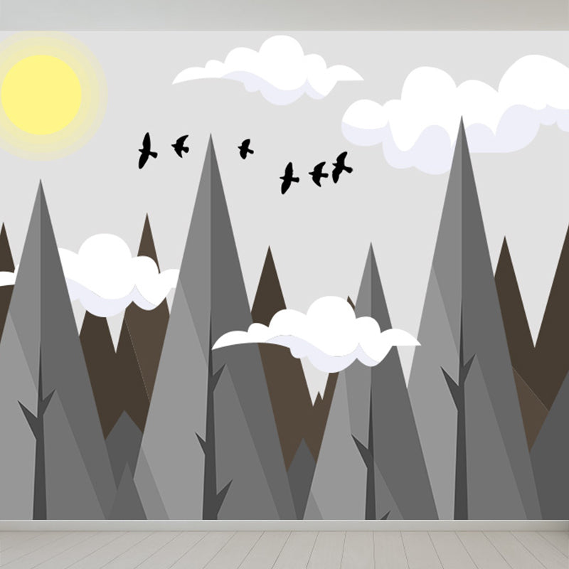 Gray Sun and Hills Mural Wallpaper for Decoration Children's Art Kids Room Wall Covering Grey Design 4 Clearhalo 'Wall Decor' 'Wall Mural' 1647329