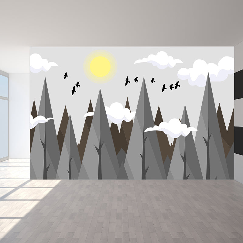 Gray Sun and Hills Mural Wallpaper for Decoration Children's Art Kids Room Wall Covering Clearhalo 'Wall Decor' 'Wall Mural' 1647330