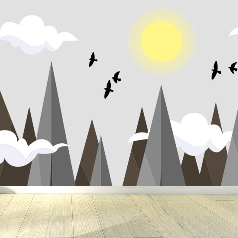 Gray Sun and Hills Mural Wallpaper for Decoration Children's Art Kids Room Wall Covering Clearhalo 'Wall Decor' 'Wall Mural' 1647331
