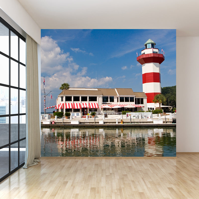 Giant Nautical Mural Wallpaper in Blue Lighthouse Scene Wall Decor, Custom Printed Clearhalo 'Wall Decor' 'Wall Mural' 1647391