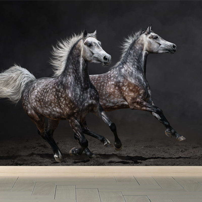Full Size Photography Modern Mural Wallpaper with Running Steed Printed in Black Black Design 2 Clearhalo 'Wall Decor' 'Wall Mural' 1647399
