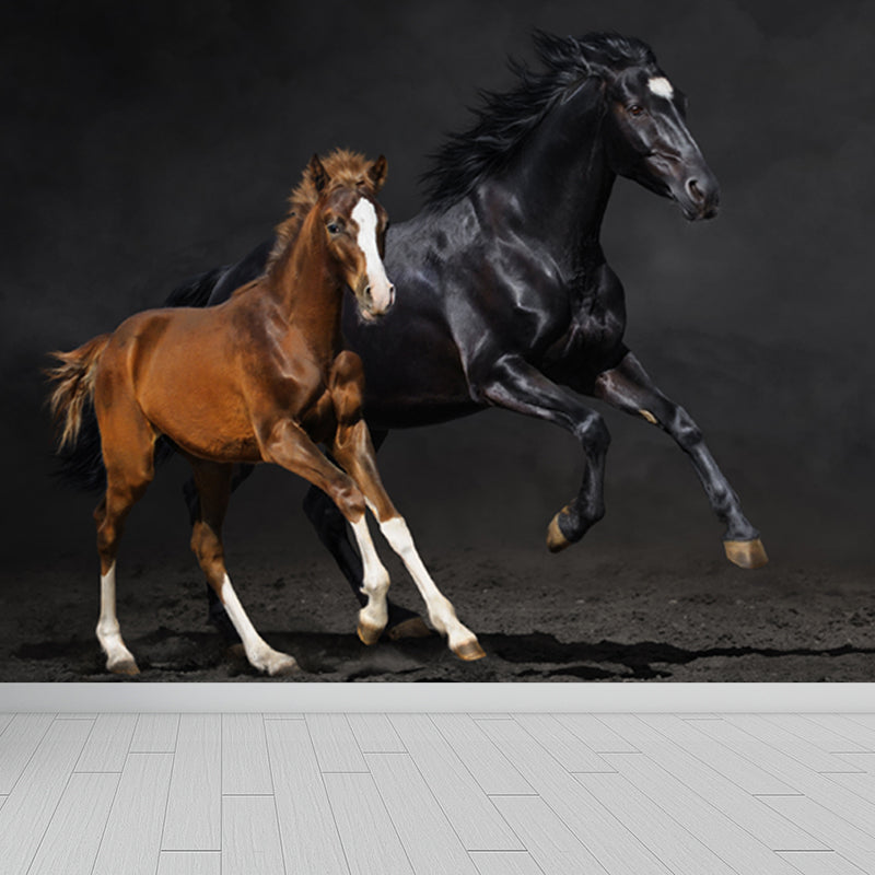 Full Size Photography Modern Mural Wallpaper with Running Steed Printed in Black Clearhalo 'Wall Decor' 'Wall Mural' 1647411