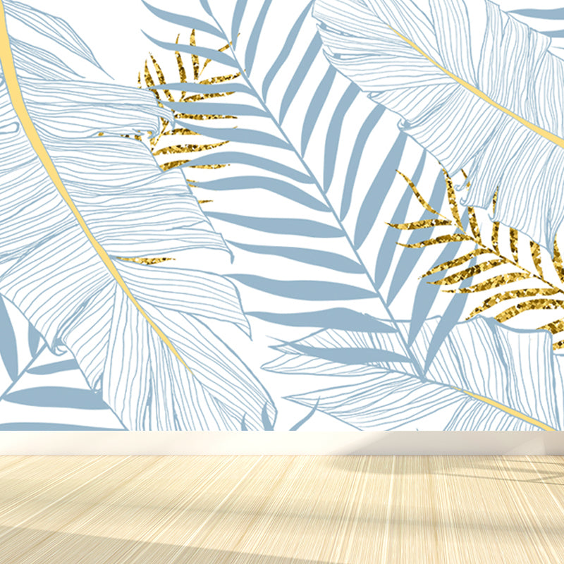 Leaves Print Wall Mural Tropical Washable Living Room Wall Covering, Personalize Light Blue Clearhalo 'Wall Decor' 'Wall Mural' 1647474