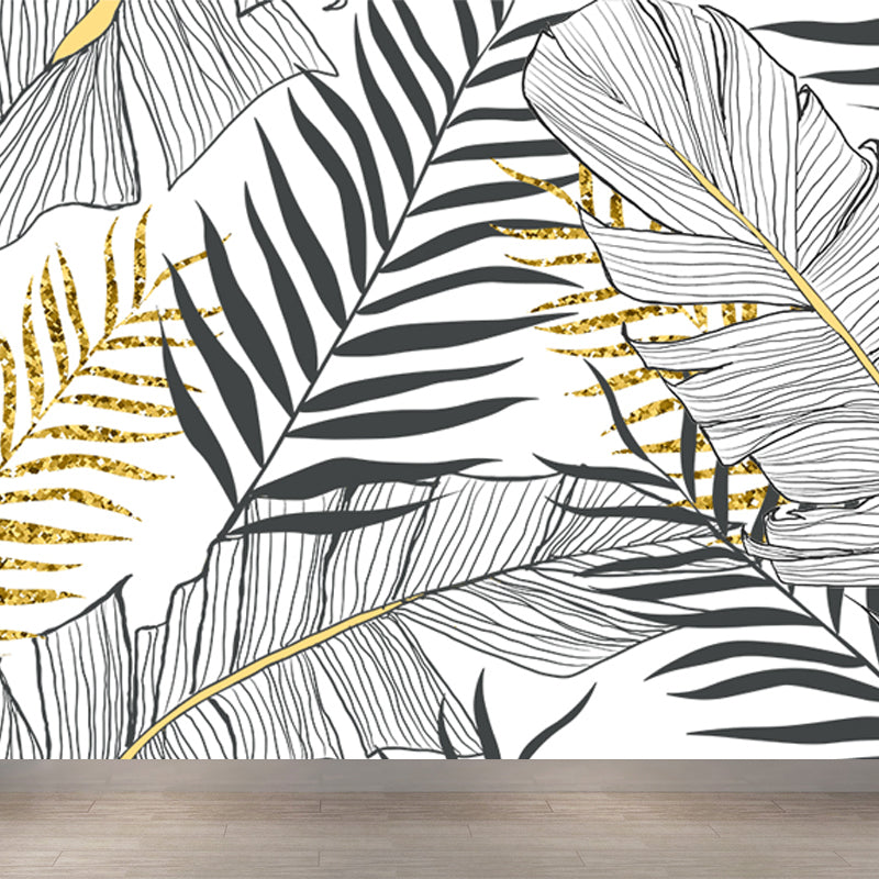 Leaves Print Wall Mural Tropical Washable Living Room Wall Covering, Personalize Grey Clearhalo 'Wall Decor' 'Wall Mural' 1647479