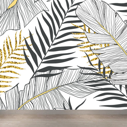 Leaves Print Wall Mural Tropical Washable Living Room Wall Covering, Personalize Grey Clearhalo 'Wall Decor' 'Wall Mural' 1647479